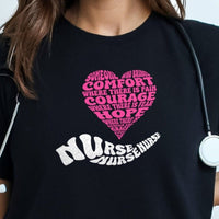Load image into Gallery viewer, Nurse T-Shirt – Comfort, Courage, Hope &amp; Grace | White and Pink Word Cloud
