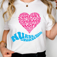 Load image into Gallery viewer, Nurse T-Shirt – Comfort, Courage, Hope &amp; Grace | Blue and Pink Word Cloud
